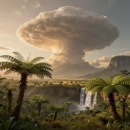 a prehistoric savanna with giant ferns, waterfall, mountains, towering cumulonimbus clouds, sunset, volumetric lighting, washed out colors, an award winning digital render, beautiful, ultradetailed, great composition