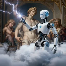 modern mechanical robot in the clouds is casting beautiful lightning from fingers, classical religious painting, michelangelo, concept art, stanley kubrick