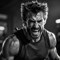 wolverine in pain and anger deep dark backlit night technoir cinematic monochromatic portrait photo by Leica Zeiss in detailed depth of field lens flare trending on Flickr realistic hd by frank Miller