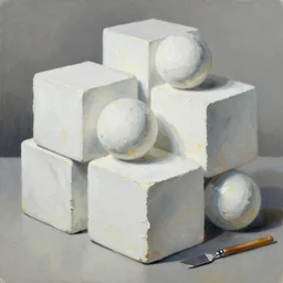 sculpted white marble cubes and spheres painted in the style of the old masters, painterly, thick heavy impasto, expressive impressionist style, painted with a palette knife