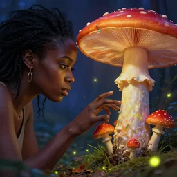 dark skinned woman merging with a mushroom, fireflies, vivid colours, ultra realistic, high detailed, fungus, transformation, hybrid