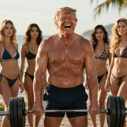 extremely buff Donald Trump, steroids, testosterone, lifting weights, laughing, surrounded by women in swimsuits, trending on artstation, hyper realistic, golden hour