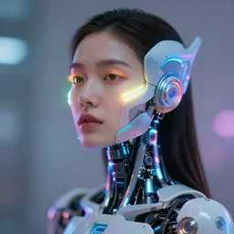 photo of dreamy female as a solarpunk cyborg with fluorescent lamps around face, robotic body parts around neck and shoulders, real human face with clean skin, ultra - realistic and detailed, long exposure, soft focus hdr 8 k
