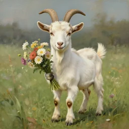A shy goat human hybrid with the horns, ears, and legs of a goat and the face and body of a human holding a bundle of flowers. By Craig Mullins. By Ilya Repin. By Ruan Jia.