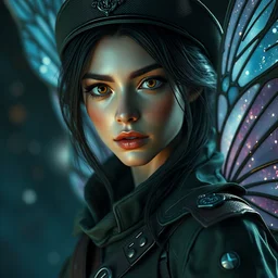 cinematic shot of an epic portrait of a fairy dressed in military clothes, shiny skin, beautiful eyes, beautiful, small details, night setting, realistic poster with volumetric light from craig mallism, artgerm, jeremy lipkin and michael garmash, unreal engine, radiant light, detailed and complex environment, digital art, trends at art station, a masterpiece