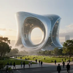 epic street view of a futuristic building made of glass and mercury, smooth parametric architecture, by zaha hadid, parks and green meadows, crowds of people, concept art, solarpunk, misty, dramatic lighting, golden hour, cinematic, 8 k