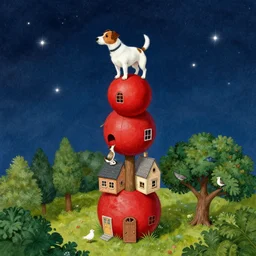 jack russel dog climbing!!!! tall structure built from a red ball a house and a tree, birds eye view, surrounded by stars, at night time, stars, illustrated by peggy fortnum and beatrix potter and sir john tenniel