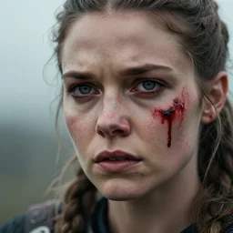 photorealistic  photograph of beautiful female viking warrior with large sad gray eyes, bloody, cinematic, 28mm