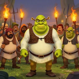 shrek scene with the angry mob with pitch forks and torches, indian chad male with lush beard playing as shrek, followed by an angry mob with torches, digital art, 2 d art