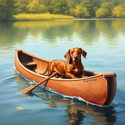 a brown dachshund pulling a wooden canoe into the water, painting, oil on canvas, adorable, beautiful environment, wide angle shot