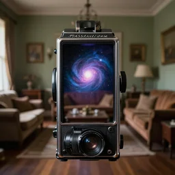 a portal to another universe is in an antique living room, clear focus, bokeh effect, high res, hasselblad, dslr, professional, cinematic