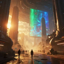 pedestrian view of a sprawling futuristic city street inside a massive space station, ilm, beeple, star citizen halo, mass effect, 2001 space odyssey, elysium, iron smelting pits, huge green blue holograms, warm saturated colours, atmospheric perspective, dramatic sunset, volumetric light scattering, dustlight, god rays, dust