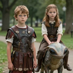 sharp, highly detailed, film from a 2 0 1 9 sci fi 8 k movie, time travelers appear in a park, a boy from the roman empire and a girl from an alternate 1 8 5 0 who is riding on the back of a small alien creature, each wearing correct era clothes, atmospheric lighting, in focus, reflective eyes, 3 5 mm macro lens, nice composition