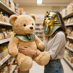 Teddy bears shopping for groceries in ancient egypt