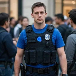 the guy, apparently works in the police. uniform, bulletproof vest, blue t - shirt. the dollar icon is on it. scanned people and determine that a couple of people have blue blood or is it shallow energy ( psykers ), from the first person, art house, evening, 2 k