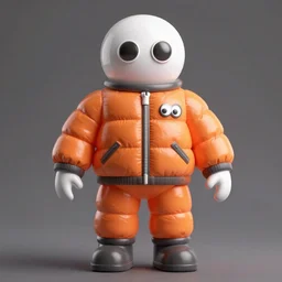 still figurine of a tall giant inflated astronaut wearing oversized orange puffy bomber jacket, googly eyes, tareme eyes, personification, dynamic pose, detailed product photo, tone mapped, beautiful composition, 8 5 mm, f 5. 8, soft lighting