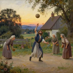 dionisio playing basket with old ladies at sundown victorian art style, cottage colors, biblical anarki