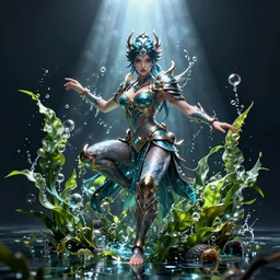 female water mage, high quality character design, action pose, symmetrical face : : spotlight, magical, seapunk, seaweed, bubbles, high detail, 1 6 k, oled, shadows, reflections, digital art, official art