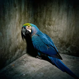 Hyacinth macaw lost in backrooms, cinematic shot, cinestill 800 t
