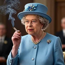 hipster Queen Elizabeth II smoking a joint, pixar artstyle, wide shot, dramatic lighting, octane render, hyperrealistic, high quality, HD, cinematic