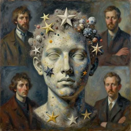 a sculpture portrait made of stars and dust and molecules and atoms, painting part by wojciech siudmak, part by ilya repin, part by max ernst, part by norman rockwell, artstation
