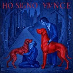 only with blue, a man in love during birth, a red great dane, in hoc signo vinces, nyc in background, an ancient path, in the style of beksinski, part by hopper, part by rodcenko, part by hofbauer, intricate composition, blue by caravaggio, insanely quality, highly detailed, masterpiece, red light, artstation