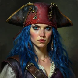 a detailed portrait of a pirate woman with blue hair, by victo ngai and greg rutkowski, digital art, realistic painting, very detailed, fantasy, dnd, cinematic lighting, trending on artstation