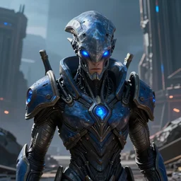 close - up portrait of a protoss high templar, an elven - like alien with bright blue eyes, set against a destroyed cityscape of a ruined protoss temple, in blizzard's game starcraft. protoss are a psionic alien race that is one of the three playable factions. high templar are powerful psionic warriors.
