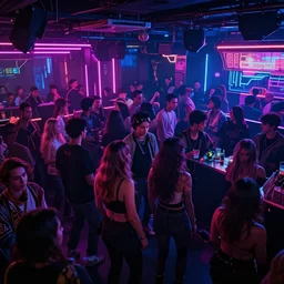 ultradetailed 8 k hd octane render of a crowded neon cyberpunk dance club