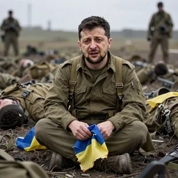 Volodymyr Zelensky at war,  dressed like  a Vietnam war American soldier ,  sitting on the ground between dead corpses , crying and weeping, holding a half burnt  flag of Ukraine, sharp focus, depth of field, hyper detailed, hyper realistic, High definition, by Robert Capa