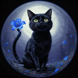 curved perspective, extreme narrow, extreme fisheye, digital art of a big female black cat with blue flower by anton fadeev from nightmare before christmas