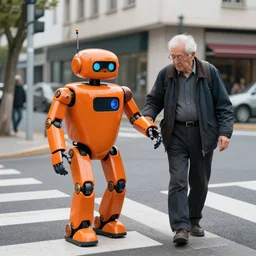 : realistic photograph of an orange robot : helping an elderly man cross the street + by Edgar Maxence and Ross Tran