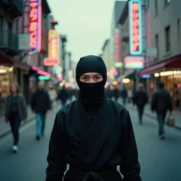 a ninja stares at the camera from across a busy street, film still from the movie directed by wes anderson with art direction by zdzisław beksinski, wide lens, neon lights,
