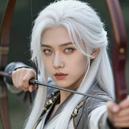 Portrait of a Beautiful white hair archer, white eyes, high fantasy, detailed face, artstationhd, trending on artstation