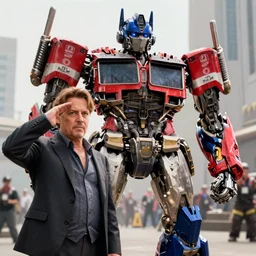 a photorealistic film still of the transformers movie. optimus prime is saluting johnny depp. action scene. fine detail. well lit. this 4 k hd image is trending, featured on behance, well - rendered, extra crisp, features intricate detail, epic composition and the style of unreal engine 5. 0.