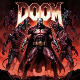 ( doom ) cover featuring doom slayer!! surrounded by demons, cyberdemon, by kenneth scott, artstation, vivid gaze