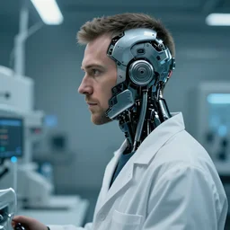 a laboratory operator man with cybernetic enhancements seen from a distance, 1 / 2 headshot, scifi character portrait by greg rutkowski, craig mullins, daytoner, cinematic lighting, dystopian scifi gear, profile picture, mechanical, cyborg