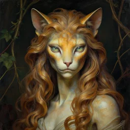 detailed portrait in femininity, regal alien, feline, realistic face chiseled features, specular eyes, statuesque model, natural skin, flowing ruffled hair, warm glow, subsurface scattering, avant garde fashion, chiaroscuro, organic impressionism, vine backdrop, deep rich color, digital illustration