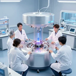 teleportation machine in a laboratory, with scientists working on it and studying it, the machine is a large metal contraption with a bright light in the center by yuumei