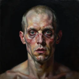 Oil painting with black background by Christian Rex Van Minnen Robert Williams Todd Schorr of a portrait of an extremely bizarre disturbing mutated man with acne  intense chiaroscuro lighting perfect composition