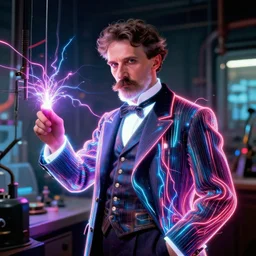 nikolai tesla in his lab, glowing lines on his jacket, electrical arcs, neon glow, highly detailed, digital art, intricate, dramatic lighting, retro futuristic, neon colors, cinematic, art by norman rockwell, greg rutkowski, moebius, artgerm