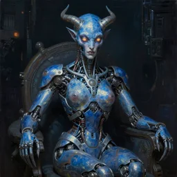 neoclassicist singularity renaissance portrait of cyborg blue demon seated with big glowing eyes, with high tech body interface. iridescent textures. highly detailed fantasy science fiction painting. highly detailed fantasy science fiction painting by vrubel and chris cunningham. dark and volumetric. artstation