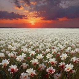 concept art of a white flower field stained in blood, dramatic, epic painting, sunset skies, painting by wlop, nixeu and greg rutkowski, beautiful, semirealism, artstation, octane render, oil painting, sharpness, 8 k, golden ratio