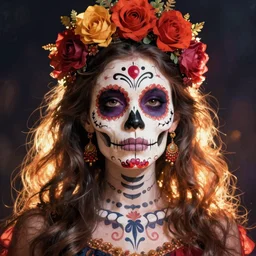 Illustration of a sugar skull day of the dead girl, art by greg rutkowski