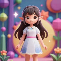 Foreground: Render of a very beautiful 3d anime girl, elf girl, full body, long hair, full round face, short smile, cute dress, medium shot, mid-shot, cinematic lightning, high detail, artstation; Background: detailed low poly wallpaper, vibrant colors, HDR, hd, uhd, 4k, 8k wallpaper
