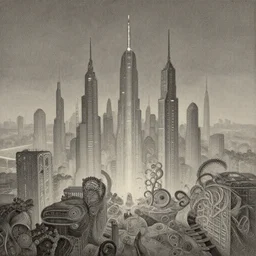 muted color pallet, future cityscape by Joe Fenton and Ernst Haeckel