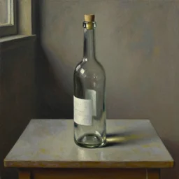 ultrafine detailed painting of a glass bottle on top of a table, still life by julian schnabel and john chamberlain, tonalism, oil on canvas, surrealist painting, behance, academic art