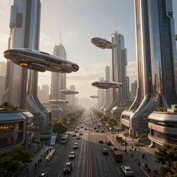 futuristic city, street view, flying spaceships, traffic, sunrise, global illumination, highly detailed, extremely detailed, sci - fi, fantasy artwork