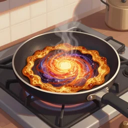 a pan on an oven, the universe is fried on the pan, illustration, digital art, trending on artstation
