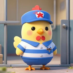 cute chicken dressed as an inmate in jail